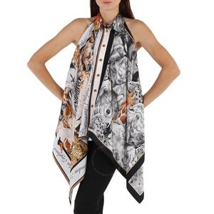Burberry Gray Melange Silk Animalia Print Bodysuit XS NEW Satin Sleeveless Top